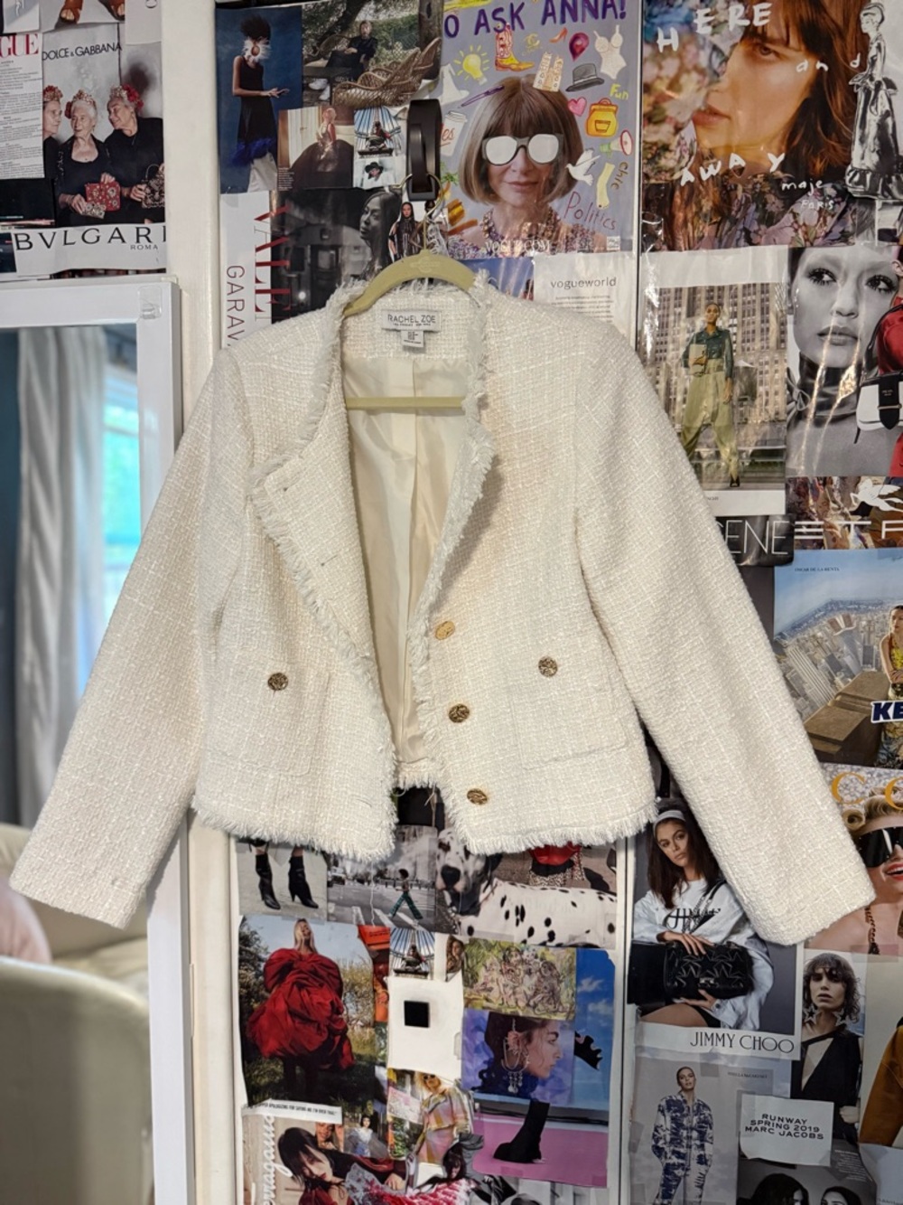 Rachel Zoe Cream Bouclé Cropped Blazer with Gold Buttons